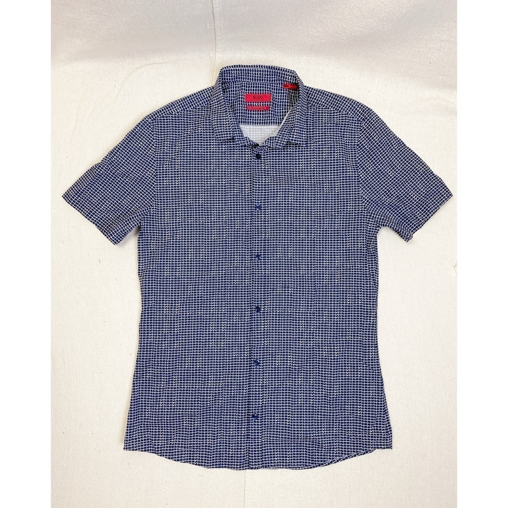 Hugo Boss Navy White Allover Print Extra Slim Fit Short Sleeve Button Down Shirt